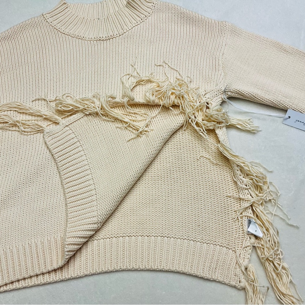 NWT YFB Thick Chunky Knit Ivory Sweater with Side Tassels & Slit 100% Cotton - Picture 3 of 16